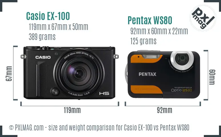 Casio EX-100 vs Pentax WS80 size comparison Casio EX-100 vs Pentax WS80 size comparison