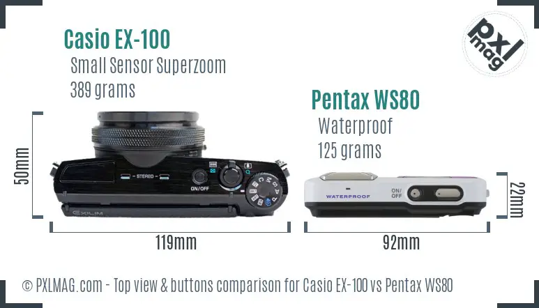 Casio EX-100 vs Pentax WS80 top view buttons comparison Casio EX-100 vs Pentax WS80 top view buttons comparison