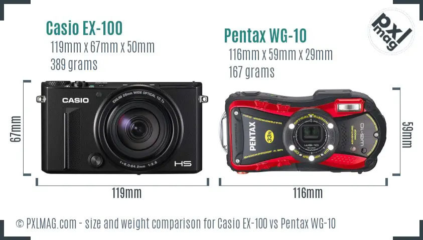 Casio EX-100 vs Pentax WG-10 size comparison