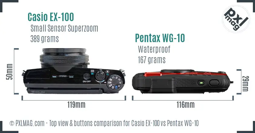 Casio EX-100 vs Pentax WG-10 top view buttons comparison