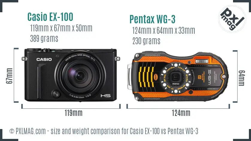 Casio EX-100 vs Pentax WG-3 size comparison