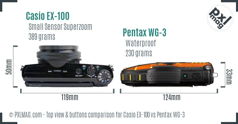 Casio EX-100 vs Pentax WG-3 top view buttons comparison