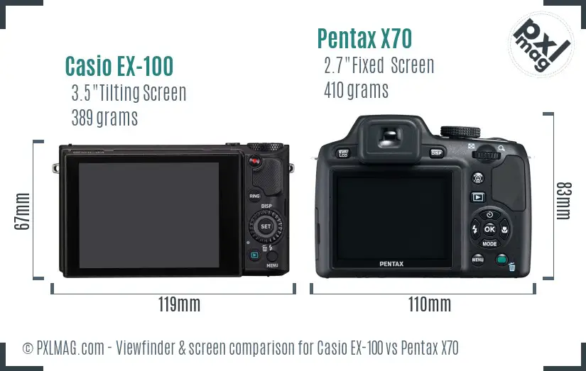 Casio EX-100 vs Pentax X70 Screen and Viewfinder comparison