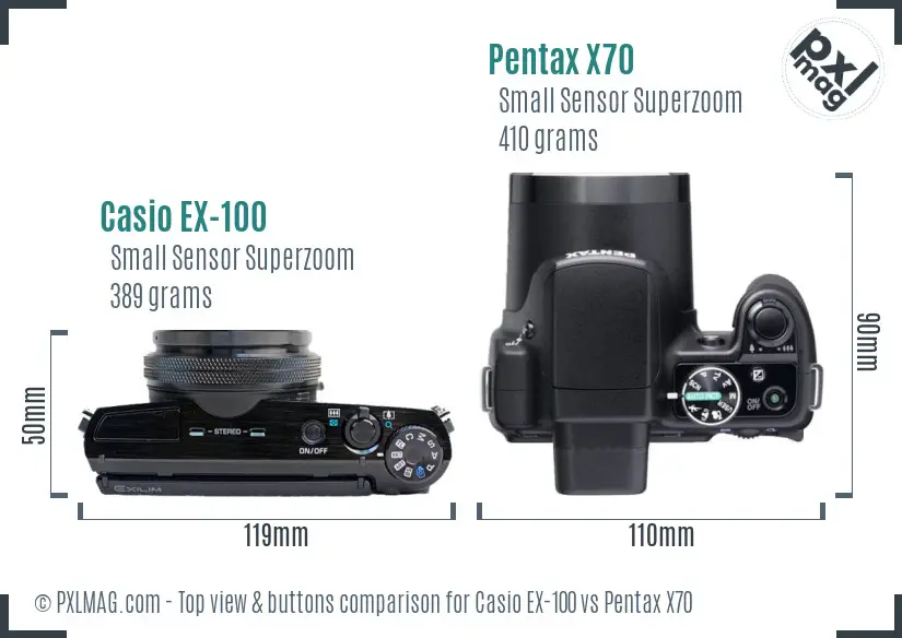 Casio EX-100 vs Pentax X70 top view buttons comparison