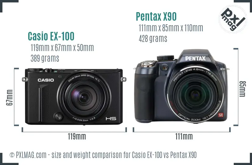 Casio EX-100 vs Pentax X90 size comparison