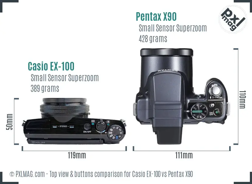 Casio EX-100 vs Pentax X90 top view buttons comparison