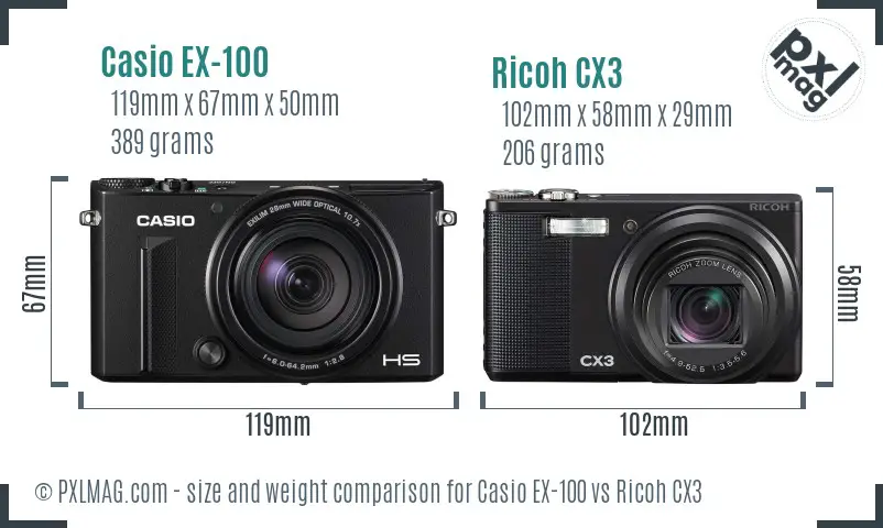 Casio EX-100 vs Ricoh CX3 size comparison