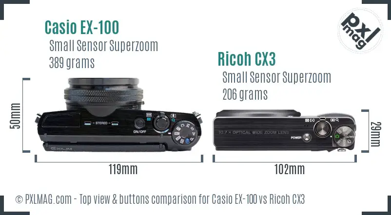 Casio EX-100 vs Ricoh CX3 top view buttons comparison