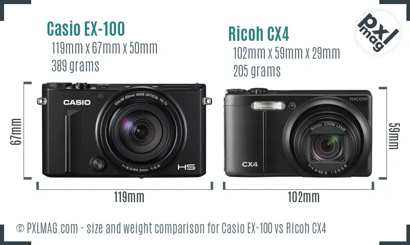 Casio EX-100 vs Ricoh CX4 size comparison