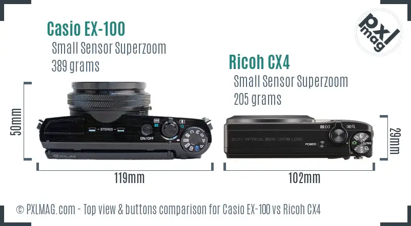 Casio EX-100 vs Ricoh CX4 top view buttons comparison