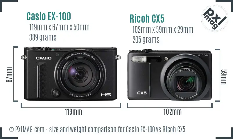 Casio EX-100 vs Ricoh CX5 size comparison Casio EX-100 vs Ricoh CX5 size comparison