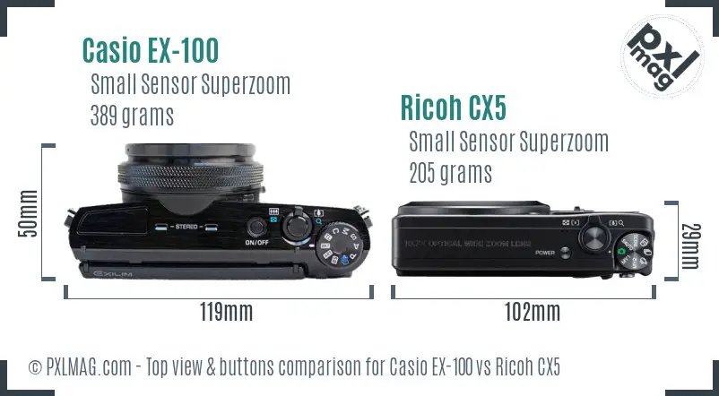 Casio EX-100 vs Ricoh CX5 top view buttons comparison Casio EX-100 vs Ricoh CX5 top view buttons comparison