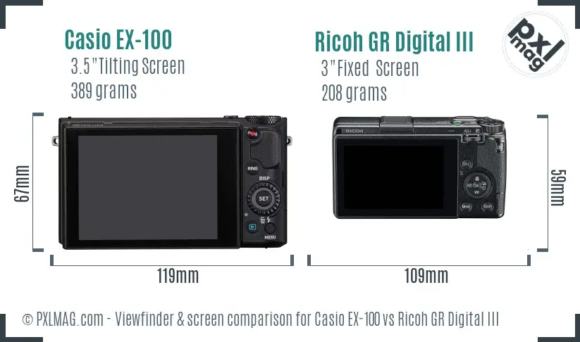 Casio EX-100 vs Ricoh GR Digital III Screen and Viewfinder comparison