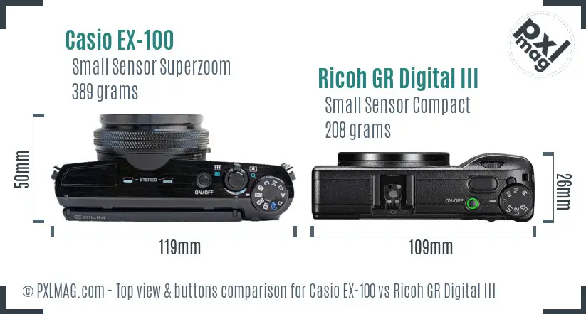 Casio EX-100 vs Ricoh GR Digital III top view buttons comparison