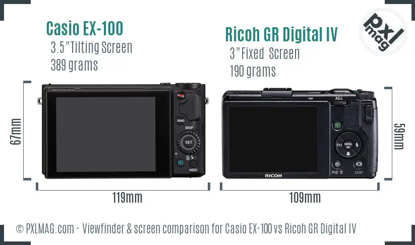 Casio EX-100 vs Ricoh GR Digital IV Screen and Viewfinder comparison