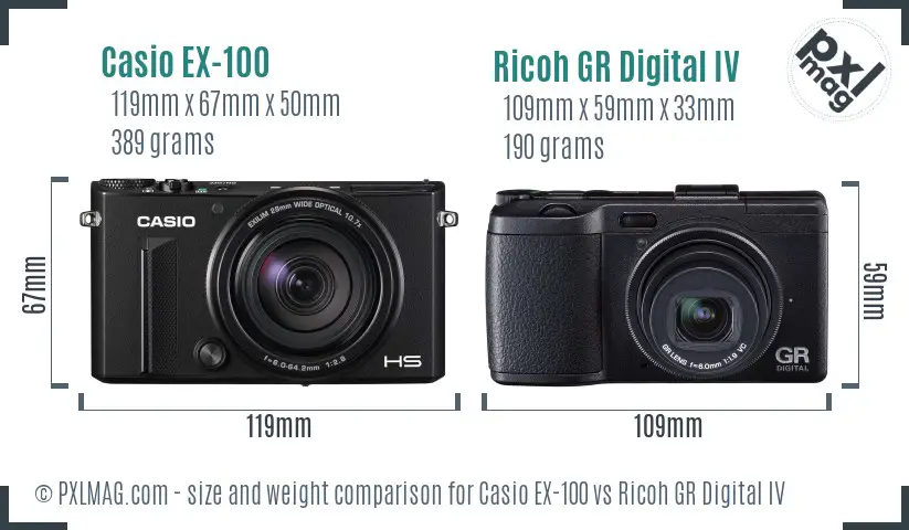 Casio EX-100 vs Ricoh GR Digital IV size comparison