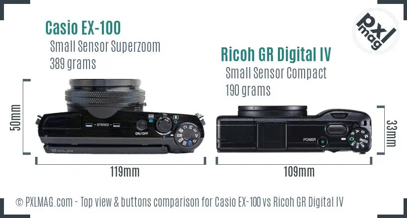 Casio EX-100 vs Ricoh GR Digital IV top view buttons comparison