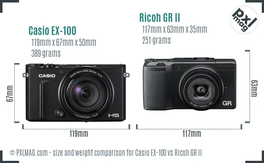 Casio EX-100 vs Ricoh GR II size comparison
