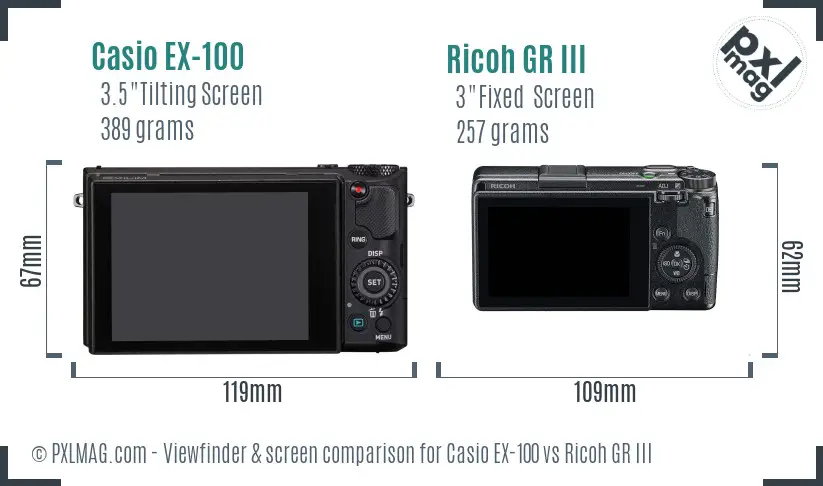 Casio EX-100 vs Ricoh GR III Screen and Viewfinder comparison