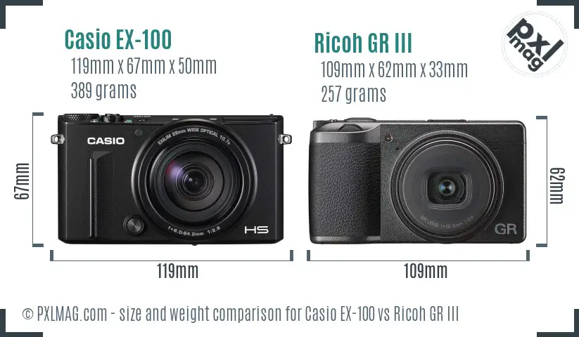 Casio EX-100 vs Ricoh GR III size comparison