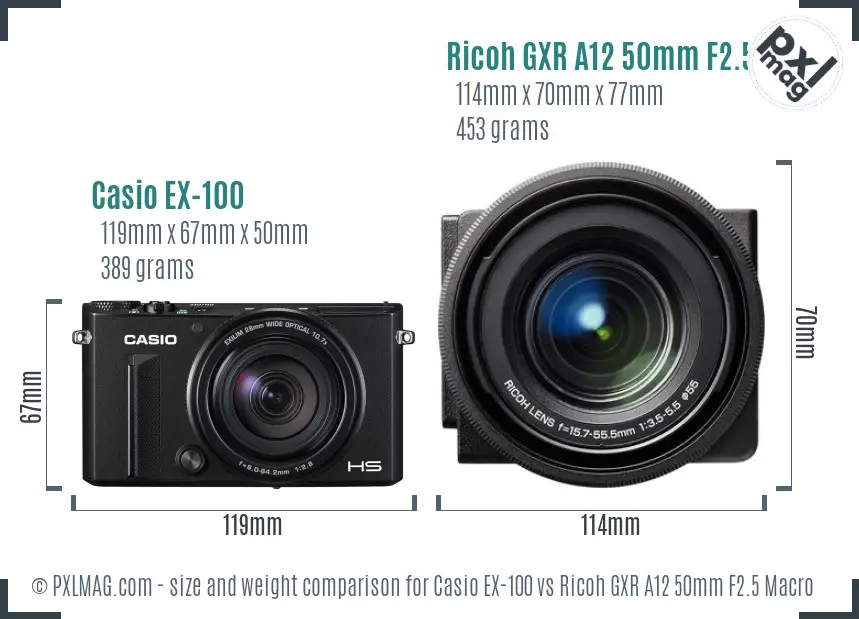 Casio EX-100 vs Ricoh GXR A12 50mm F2.5 Macro size comparison