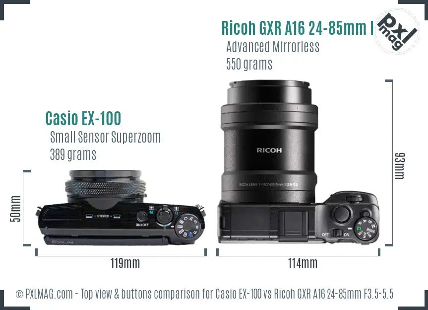 Casio EX-100 vs Ricoh GXR A16 24-85mm F3.5-5.5 top view buttons comparison Casio EX-100 vs Ricoh GXR A16 24-85mm F3.5-5.5 top view buttons comparison
