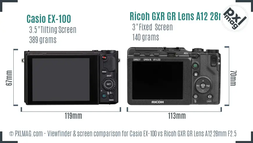 Casio EX-100 vs Ricoh GXR GR Lens A12 28mm F2.5 Screen and Viewfinder comparison
