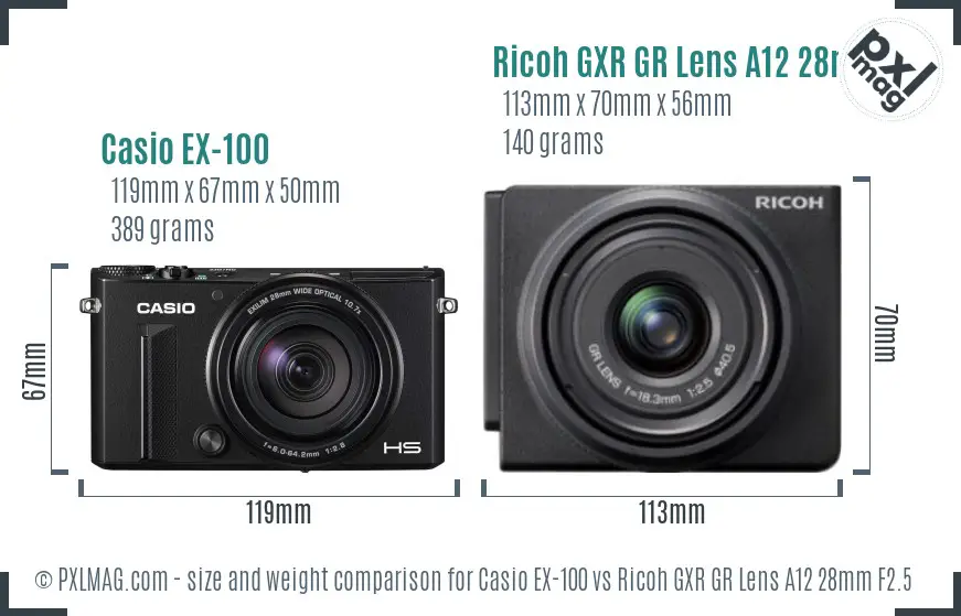 Casio EX-100 vs Ricoh GXR GR Lens A12 28mm F2.5 size comparison