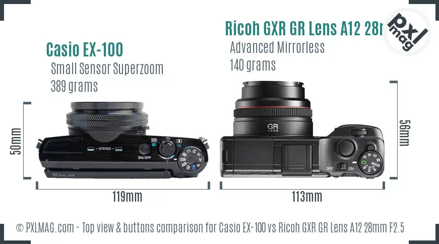 Casio EX-100 vs Ricoh GXR GR Lens A12 28mm F2.5 top view buttons comparison