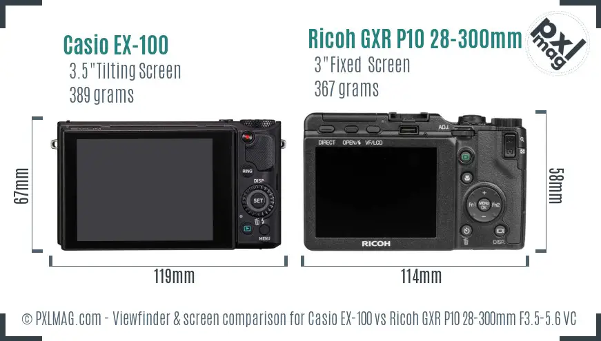 Casio EX-100 vs Ricoh GXR P10 28-300mm F3.5-5.6 VC Screen and Viewfinder comparison