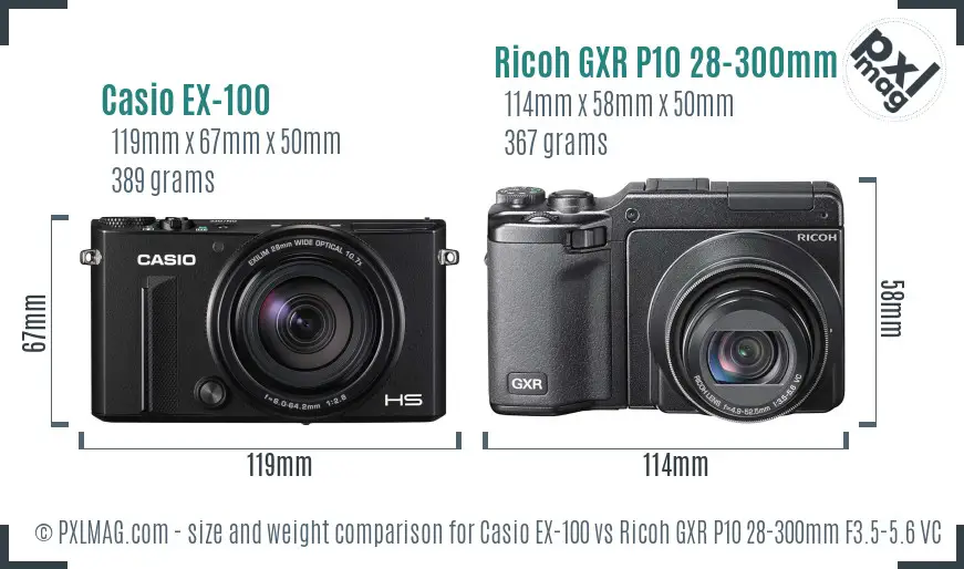 Casio EX-100 vs Ricoh GXR P10 28-300mm F3.5-5.6 VC size comparison