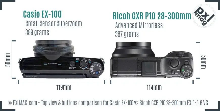 Casio EX-100 vs Ricoh GXR P10 28-300mm F3.5-5.6 VC top view buttons comparison