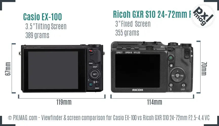 Casio EX-100 vs Ricoh GXR S10 24-72mm F2.5-4.4 VC Screen and Viewfinder comparison