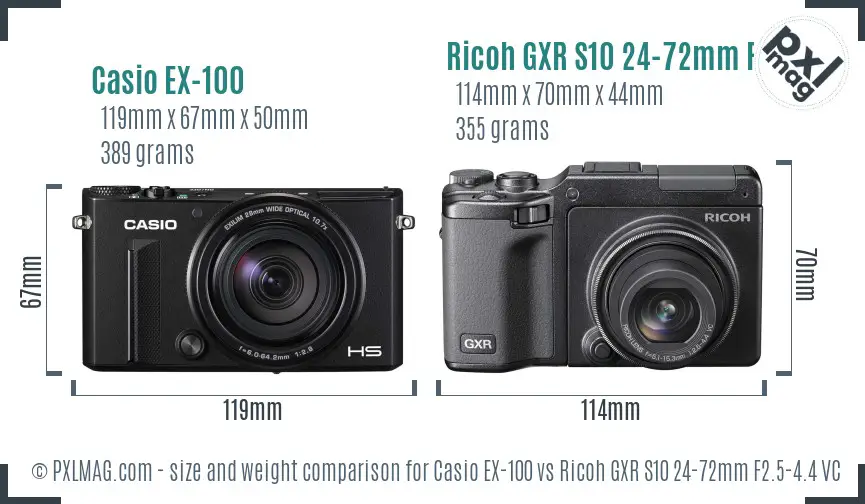 Casio EX-100 vs Ricoh GXR S10 24-72mm F2.5-4.4 VC size comparison