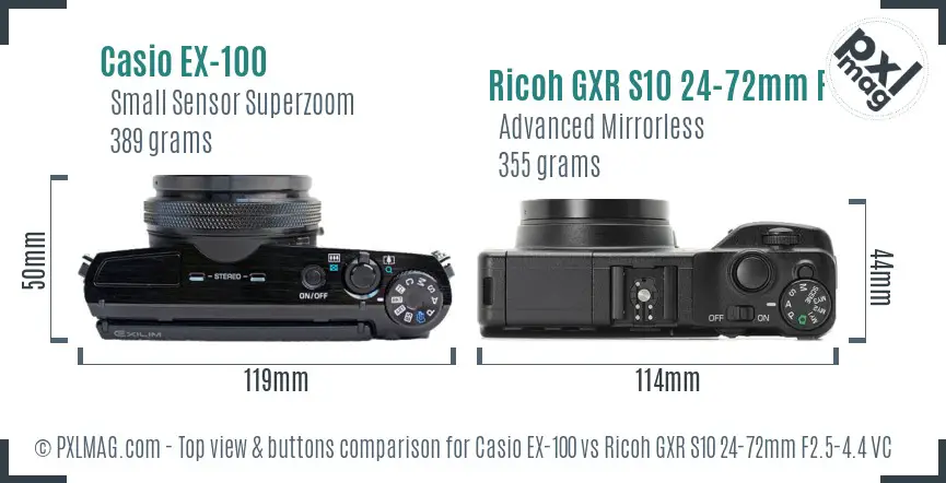 Casio EX-100 vs Ricoh GXR S10 24-72mm F2.5-4.4 VC top view buttons comparison