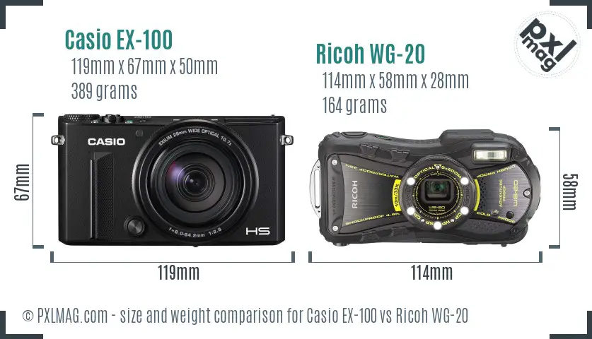 Casio EX-100 vs Ricoh WG-20 size comparison