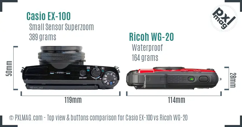 Casio EX-100 vs Ricoh WG-20 top view buttons comparison