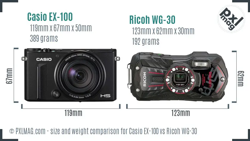 Casio EX-100 vs Ricoh WG-30 size comparison