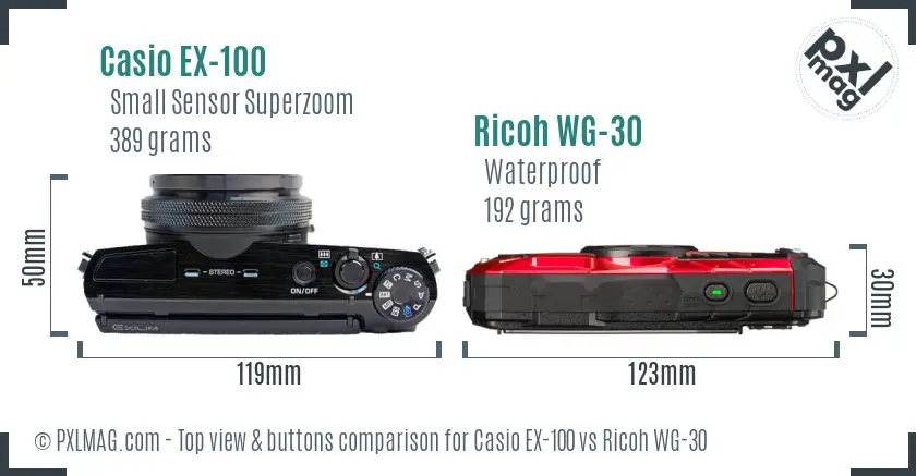 Casio EX-100 vs Ricoh WG-30 top view buttons comparison