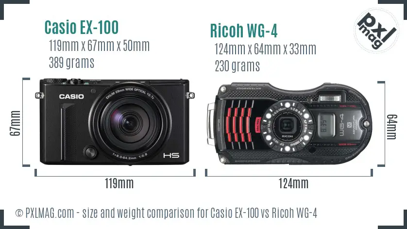 Casio EX-100 vs Ricoh WG-4 size comparison