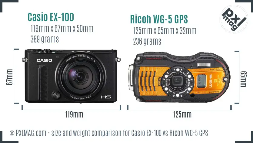 Casio EX-100 vs Ricoh WG-5 GPS size comparison
