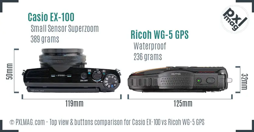 Casio EX-100 vs Ricoh WG-5 GPS top view buttons comparison