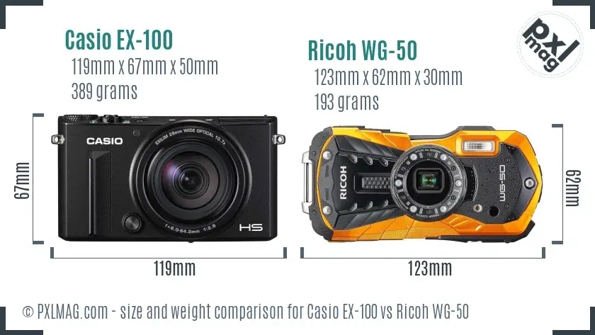 Casio EX-100 vs Ricoh WG-50 size comparison