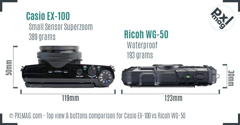 Casio EX-100 vs Ricoh WG-50 top view buttons comparison