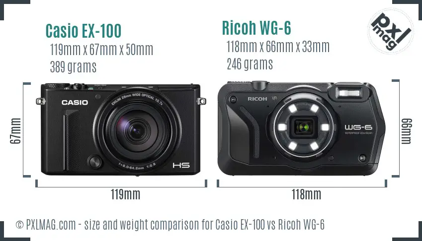 Casio EX-100 vs Ricoh WG-6 size comparison