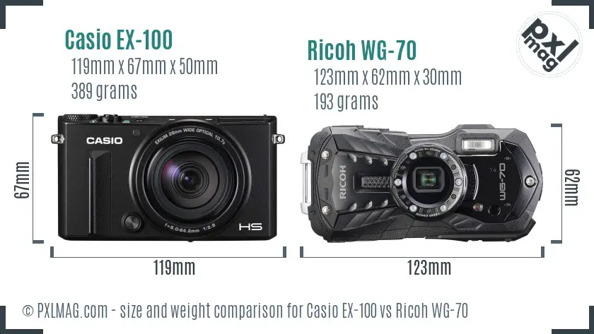 Casio EX-100 vs Ricoh WG-70 size comparison