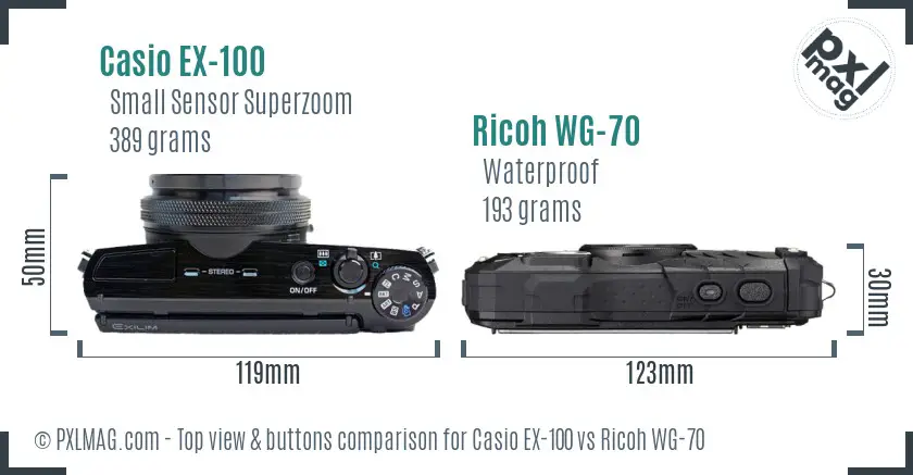 Casio EX-100 vs Ricoh WG-70 top view buttons comparison