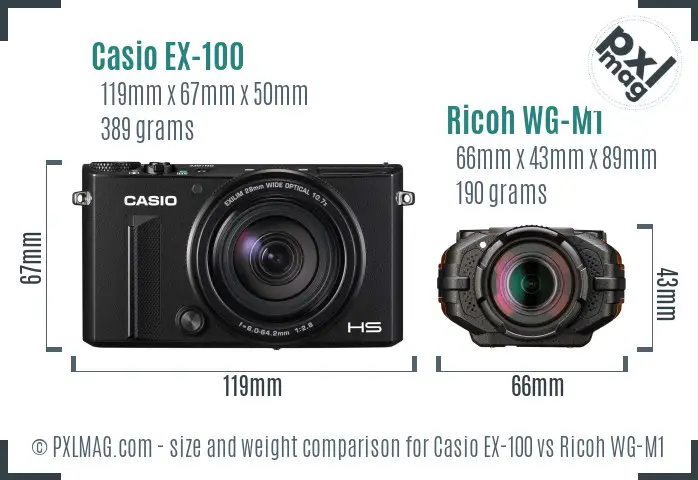 Casio EX-100 vs Ricoh WG-M1 size comparison