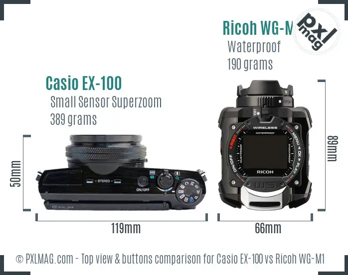 Casio EX-100 vs Ricoh WG-M1 top view buttons comparison