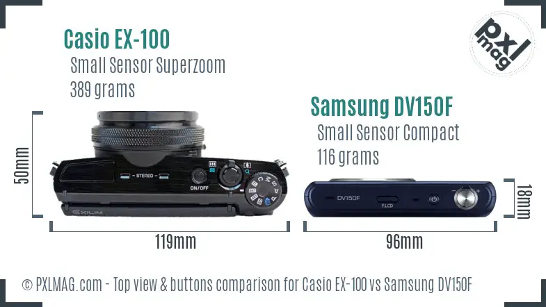 Casio EX-100 vs Samsung DV150F top view buttons comparison Casio EX-100 vs Samsung DV150F top view buttons comparison